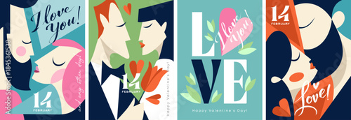 Stylized poster depicting love and joyful celebration for 14 February, Modern collage featuring romantic couple with geometric and colorful elements