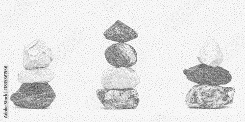 Tower of smooth stones in delicate balance, textured halftone shadow, soft vintage surface, grainy paper finish and natural minimalist stone palette.