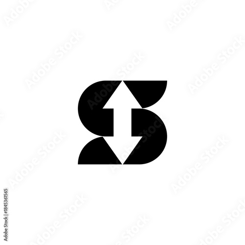 Stylized black s letter vector logo design with upward and downward arrows in negative space, modern abstract symbol