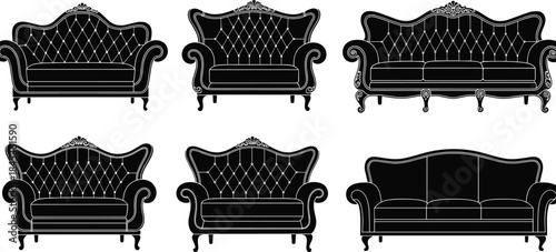 Vintage classic sofa silhouettes set, elegant baroque couch collection, luxury furniture vector illustration for interior design, upholstery, home decor, isolated black