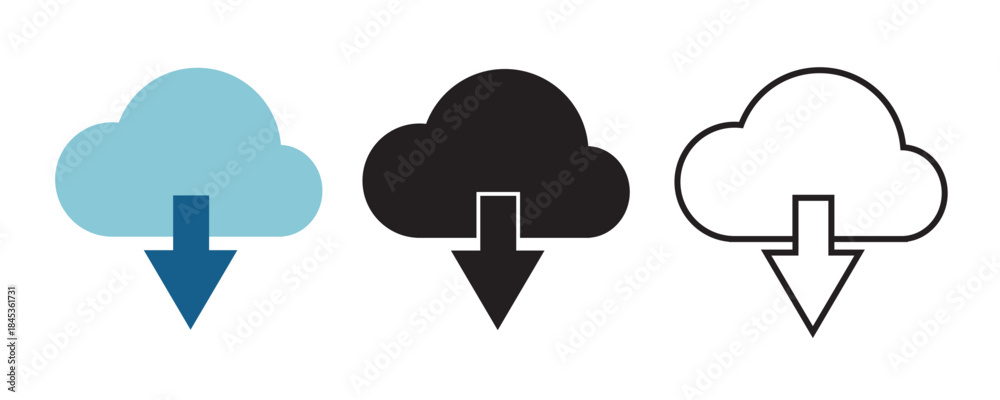Obraz premium Cloud download vector icon in flat, solid and outline design. Represents data storage, cloud computing, file transfer, backup, digital business and modern technology solutions.