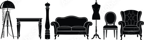 Vintage furniture silhouette collection, classic interior decor elements including sofa chair table lamp mannequin, black flat vector illustration set
