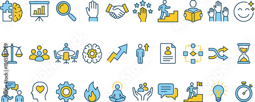 Business leadership development icons set, flat modern vector symbols for teamwork, growth, motivation, learning, strategy, performance, success, management, innovation, coaching