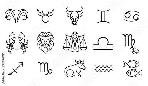 a collection of black and white line art illustrations depicting all twelve zodiac signs including aries taurus gemini cancer leo virgo libra scorpio sagittarius