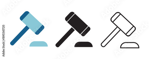 Vector auction gavel icon in flat color, solid black and outline style. Symbol of law, justice, court decision, business agreement, legal service and professional corporate concept