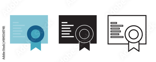 Certificate award vector icon in flat, solid and outline style. Represents achievement, qualification, certification, approval, recognition and professional business success.