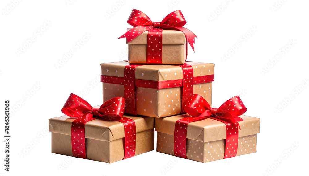 Fototapeta premium Stack of five wrapped presents with red bows on a black background