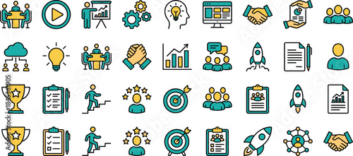Business startup strategy icons set illustrating teamwork, growth, success, leadership, innovation, analytics, goals, planning, modern flat design for digital marketing