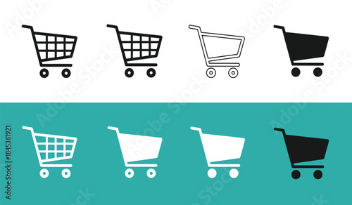 A collection of shopping cart icons in varying styles and perspectives is displayed against a split background of white and teal high quality