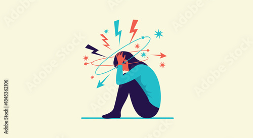 Person sits on the floor with head in hands while vibrant electrical bursts swirl around signaling stress anxiety and mental exhaustion.