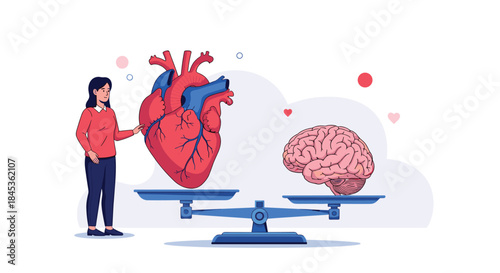 Person stands beside a scale with a heart on one pan and a brain on the other to illustrate the balance between emotion and intellect in decision making.