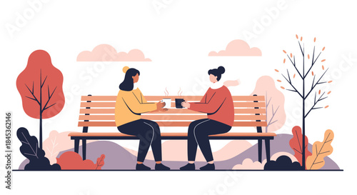 Two friends sit on a park bench sharing warm coffee as autumn trees glow with orange red and gold colors in a quiet serene outdoor scene.