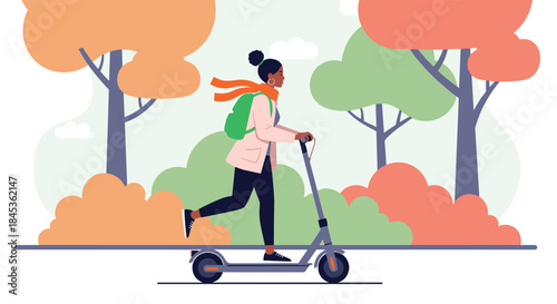 Person rides an electric scooter along a tree lined park path wearing a backpack and scarf as autumn colors brighten the scene under a gentle sky.