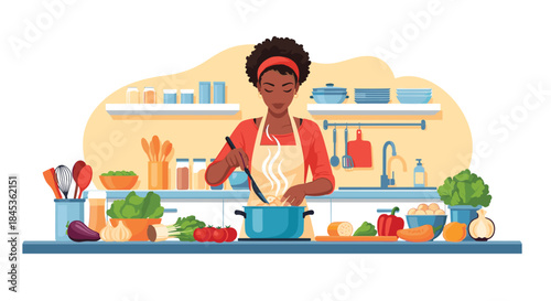 Chef prepares a colorful stew on the stove while chopping vegetables in a bright kitchen filled with bowls herbs and fresh produce.
