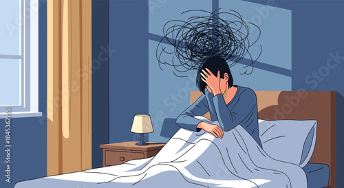 In a dim bedroom a person sits on the bed clutching their head as a tangled cloud swirls above signaling anxiety and mental distress.