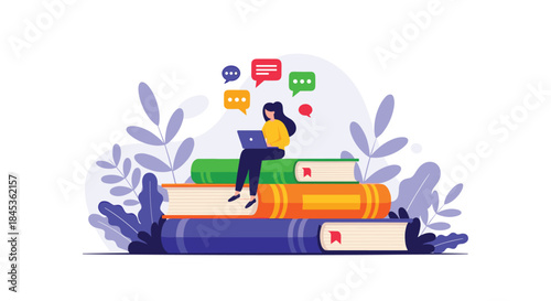 Person studies online on a stack of large books while using a laptop and colorful chat bubbles amid lush leaves and a calm creative atmosphere.