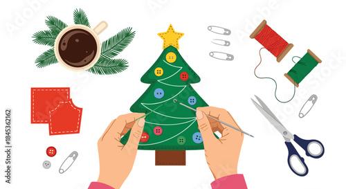 Holiday craft scene shows hands decorating a small felt Christmas tree with buttons and thread while scissors spools surround the crafting workspace.