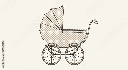 Vintage baby stroller featuring a curved handle large spoked wheels a dotted patterned body on a soft beige background with retro charm echoing classic prams.