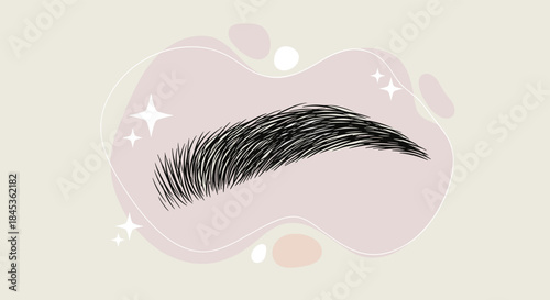 Close up illustration of a meticulously groomed arched eyebrow drawn with fine strokes on a soft pastel backdrop highlighting texture and brow shaping artistry.