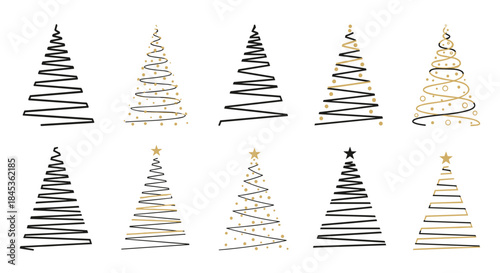 This collection features modern minimalist Christmas trees drawn in black and gold lines arranged in two rows to showcase festive design variations.
