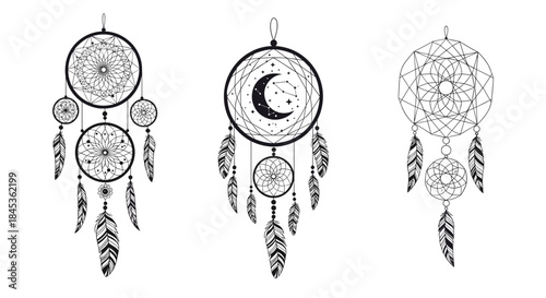 Three intricately designed dreamcatchers hang in a row showcasing woven webs crescent moon and geometric patterns with dangling feathers beads.