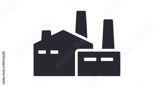 Minimalist black and white illustration of a factory with two smokestacks and a building in a