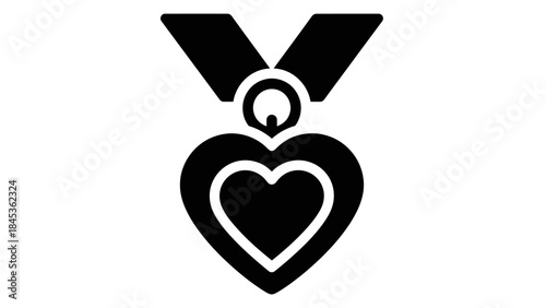 Minimalist black and white illustration of a heart-shaped medal with ribbon emphasizing love and