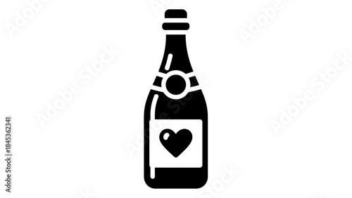 Minimalist Black and White Illustration of a Heart-Adorned Celebration Bottle for Festive Events