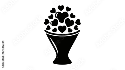 Minimalist black and white illustration of a love-themed bouquet with numerous hearts emerging