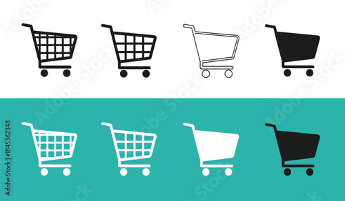 A collection of various shopping cart icons in differing styles and colors displayed in a grid arrangement against a teal background high quality