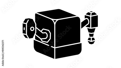Minimalist Black and White Illustration of a Robot with a Cube Head and Mechanical Arms