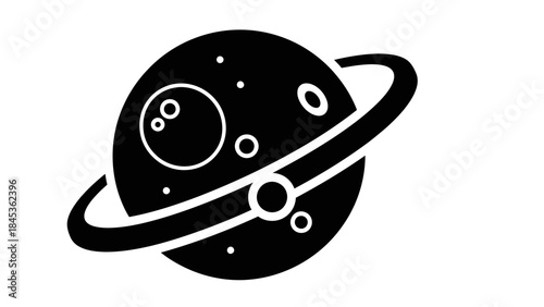 Minimalist Black and White Illustration of a Planet with Ring System and Orbiting Moons in Space