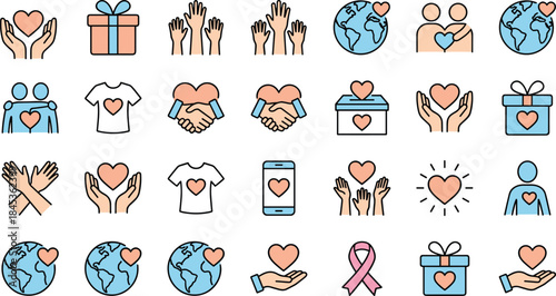 Charity icons set, love donation, humanitarian support, volunteer help, community care, heart symbols, global compassion, flat vector illustration design collection