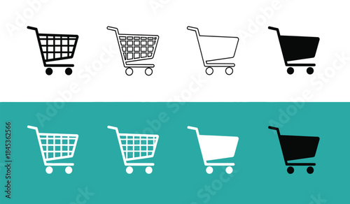A visual depiction of multiple shopping cart icons in varying styles including outline filled and monochromatic representations against a dual tone background