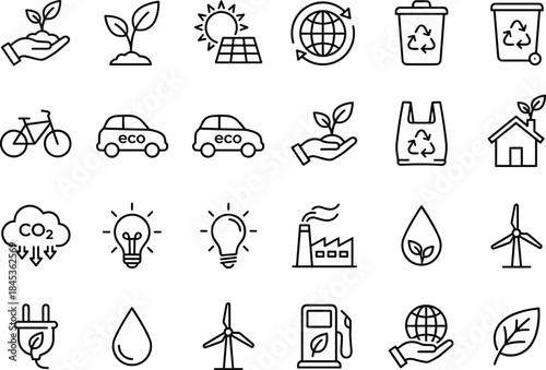 Eco sustainability icons set, minimal line vector symbols for renewable energy, recycling, green technology, environment protection, climate responsibility, awareness initiatives