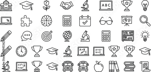 Education line icons set, school learning study knowledge science math graduation teaching academic symbols outline vector illustration collection