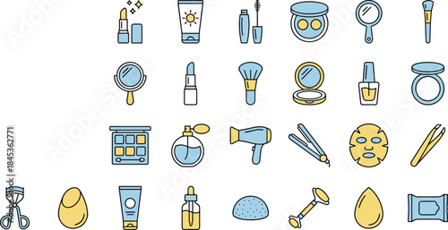 Flat beauty and skincare icons set, makeup cosmetics tools collection, minimal outline illustration for spa salon branding design, web, print