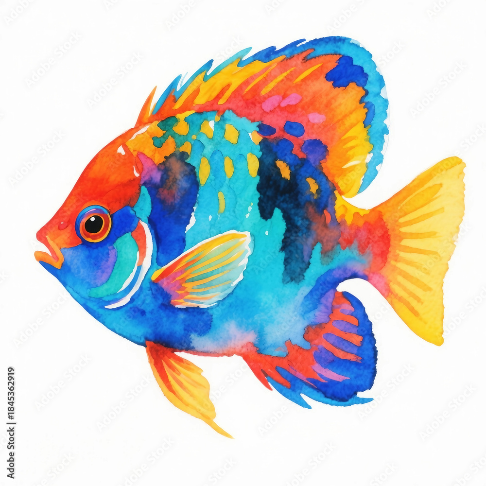 Fototapeta premium Expressive watercolor fish illustration with bold colors and flowing shapes, perfect for creative projects, prints and marine-themed designs.