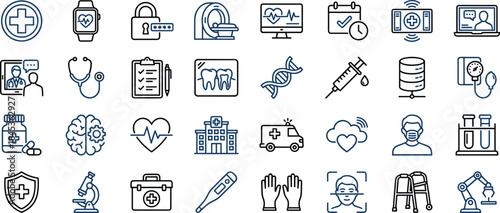 Healthcare medical icons set, flat line vector symbols for hospital, telemedicine, diagnostics, treatment, wellness, technology, insurance, patient care, systems, services