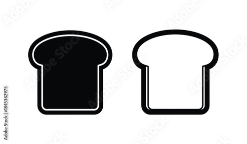 A simple graphic illustration showcases two slices of bread one filled and one hollow presented in a stark black and white style against a