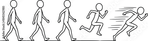 Human evolution movement illustration showing walking to running progression, speed concept, fitness motivation, action sequence, minimalist line art design
