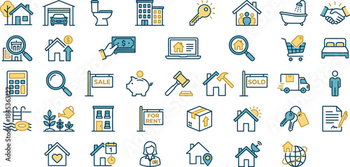 Real estate property icons set, flat modern vector symbols for buying, selling, renting homes, mortgage, investment, housing services, realty management