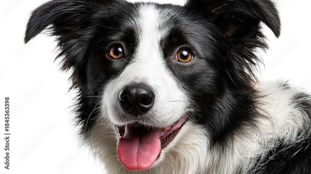 Fototapeta premium Close up portrait of a happy Border Collie dog with tongue out panting, perfect for pet care and animal themes, ideal for marketing pet products and services.