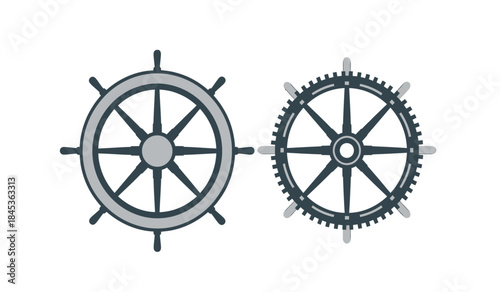 an illustration depicts two grayscale nautical steering wheels one a traditional ship s wheel and the other a cogwheel side by side