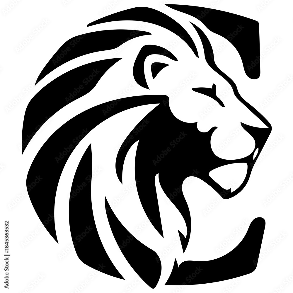 Fototapeta premium Stunning black and white roaring lion head silhouette perfect for modern sports branding and logos