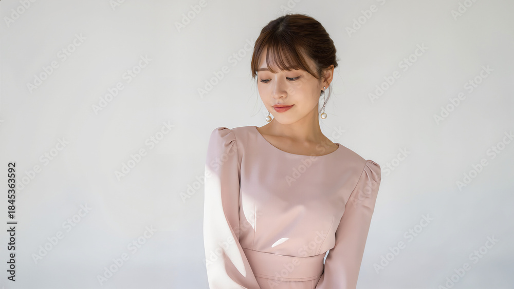 Obraz premium 淡色ピンクの長袖ワンピースを着た美しい女性が、まとめ髪で斜め下に視線を向ける