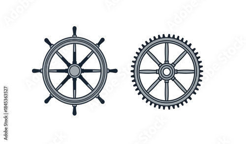 A detailed illustration showcases a ship s steering wheel paired with a mechanical gear symbolizing navigation and intricate machinery high quality professional modern