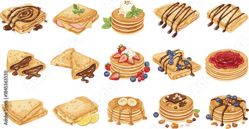 Collection of delicious sweet and savory pancakes and crepes with toppings like fruit, chocolate, and syrup, isolated flat vector illustration set