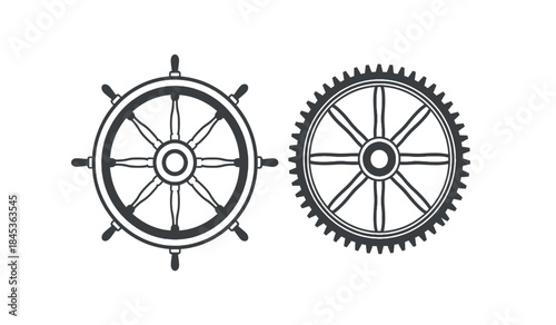 This illustration showcases two monochromatic mechanical components a ship s wheel and a spur gear side by side suggesting concepts of steering and motion