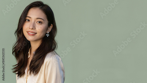 淡いベージュのトップスを着た美しい女性が、黒髪ロングのゆる巻きで斜めに振り返り視線を向ける